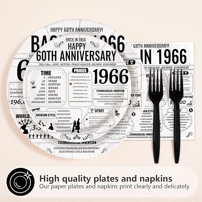 96Pcs 60th Anniversary Party Decor Vintage Back in 1966 Plates and Napkins Black White 60th Disposable Paper Tableware Set for Men Women Wedding Anniversary Birthday Party Supplies Serves 24