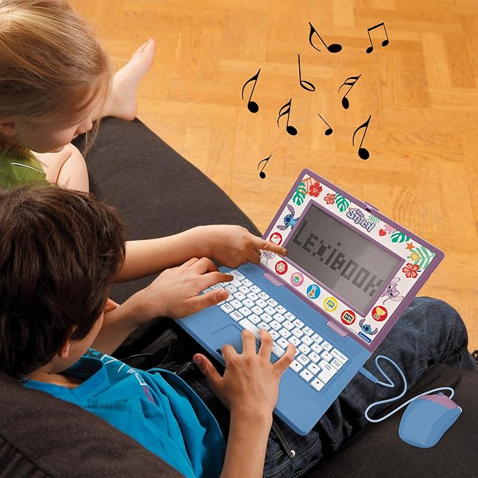 Lexibook, Disney Stitch, Bilingual and Educational Laptop Spanish/English, Toy for Children, 170 Activities to Learn, Play Games and Music, Large Screen, Blue, JC599Di2