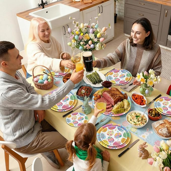 24 Pcs Happy Easter Paper Plates - Cute Round Spring Easter Plates, Colorful Eggs Dinner Dessert Plate Disposable Dinnerware Set for Spring Holiday Easters Party Table Decorations Supplies Favors