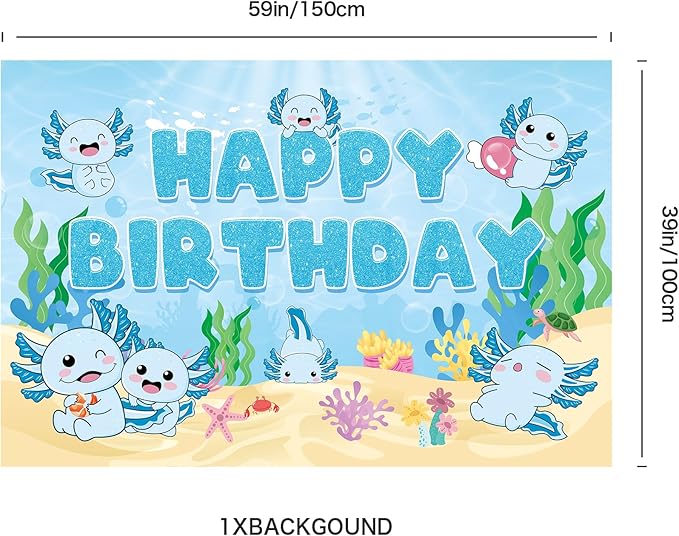 43Pcs Blue Axolotl Birthday Party Decorations Include Banner-Balloons-Cake Topper-Cupcake Toppers-Backdrop for Axolotl Birthday Party Supplies