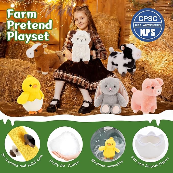 MaoGoLan 6-Pack Stuffed Farm Animal Bulk Plush Toys Set 10″ Soft Stuffed Animals for Kids, Girls - Party Decor, Centerpieces & Pretend Play, Thanksgiving, Christmas, Easter Gifts