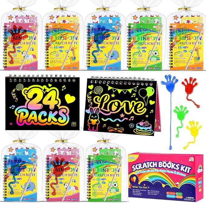 24*3 Pack Scratch Art Notebook+Sticky Hands+Stickers,Party Favors for Kids 4-8-12,Return Gifts for Birthday Party,Easter Basket Stuffers,Classroom Prizes Bulk Gifts for Students
