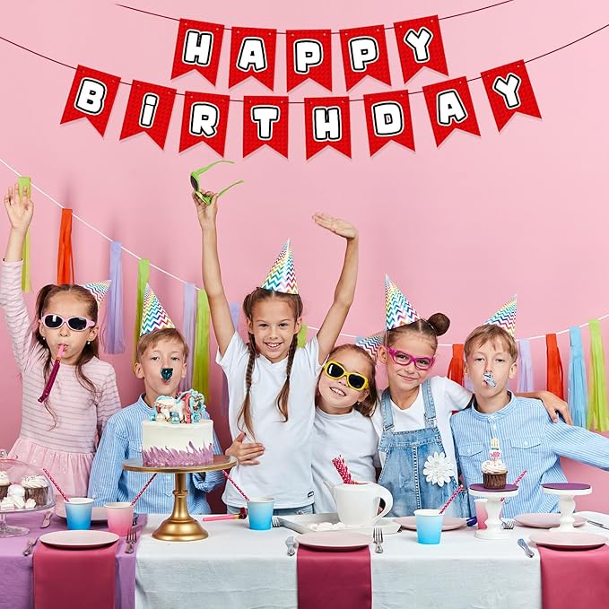 Oudain Pre-Strung Happy Birthday Banner Red Building Blocks Happy Birthday Decorations Building Block Themed Party Supplies for Boys Girls