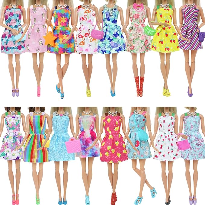 BJDBUS 42 pcs Doll Clothes and Accessories Including 10 pcs Fashion Mini Dresses 32 pcs Shoes, Glasses, Necklaces, Handbag, Hangers Accessories for 11.5 Inch Girl Doll