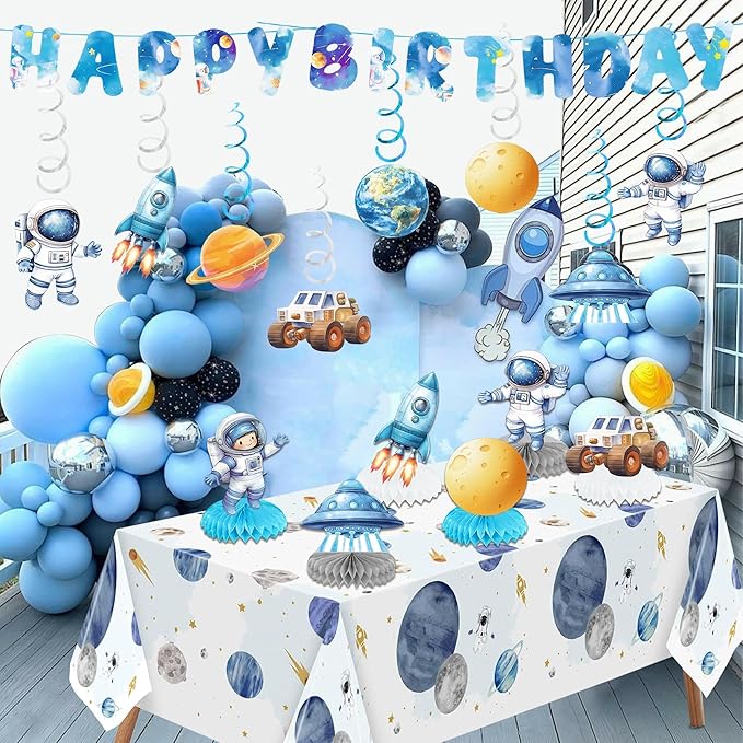 Outer Space Party Decorations, Space Solar System Theme Honeycomb Centerpieces Swirl Streamers Tablecover Birthday Banner for Birthday Party Decorations(Outer Space)