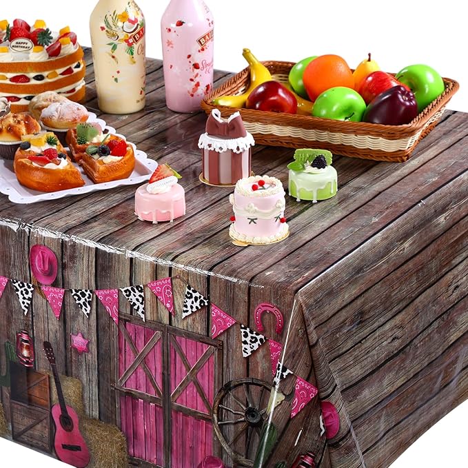 Tiamon 3 Pieces Western Party Tablecloth Cowgirl Table Cover Pink Western Cowgirl Plastic Tablecloth Disposable Wild West Table Cover for Baby Shower Birthday Party Supplies, 54 X108 Inch