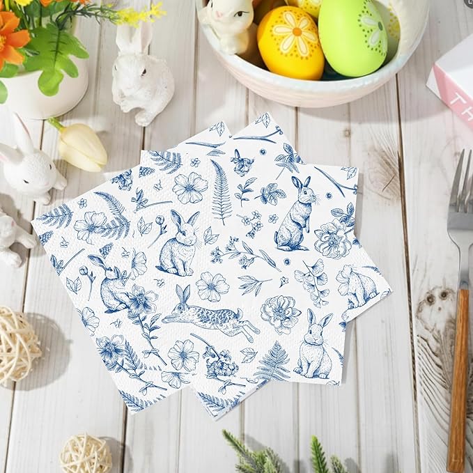 100 Pcs Easter Napkins, Retro Bunny Napkins Blue and White Rabbit Decoupage Napkin Chinoiserie Easter Dessert Beverage Napkin for Spring, Birthday, Baby Shower