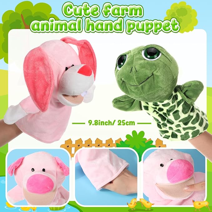 4 Pcs Hand Puppet Animal with Working Mouth 9.8 Inch Animal Puppet Soft Plush Toy for Storytelling Theater Preschool Birthday Gifts (Turtle, Rabbit, Pig, Dog)