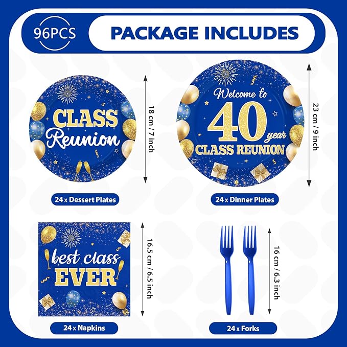 96Pcs 40th Class Reunion Decorations Happy 40th Anniversary Plates and Napkins Blue Gold Welcome Back Tableware Set for Class Reunion Welcome Back 40 Years Classmate Party Supplies Serves 24