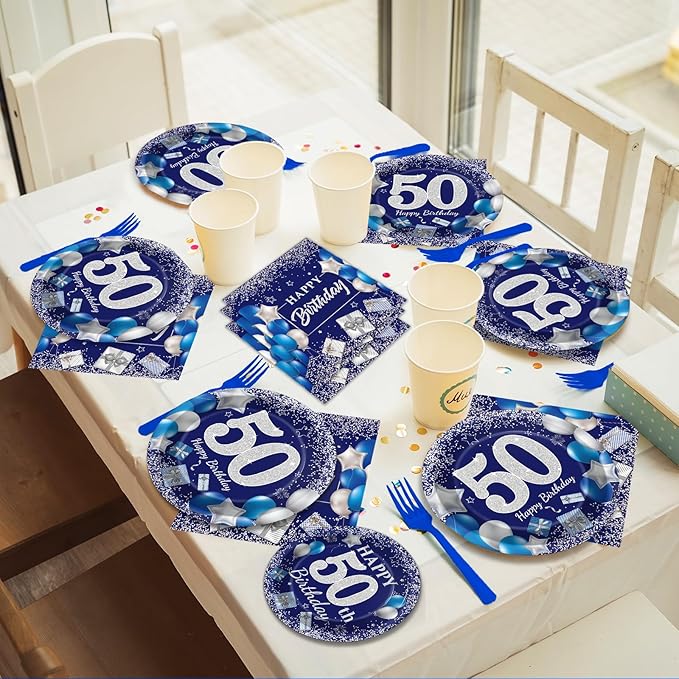 96 Pcs 50th Birthday Party Supplies - Navy Blue & Silver Plates, Napkins, Forks & Table Decorations for 24 Guests