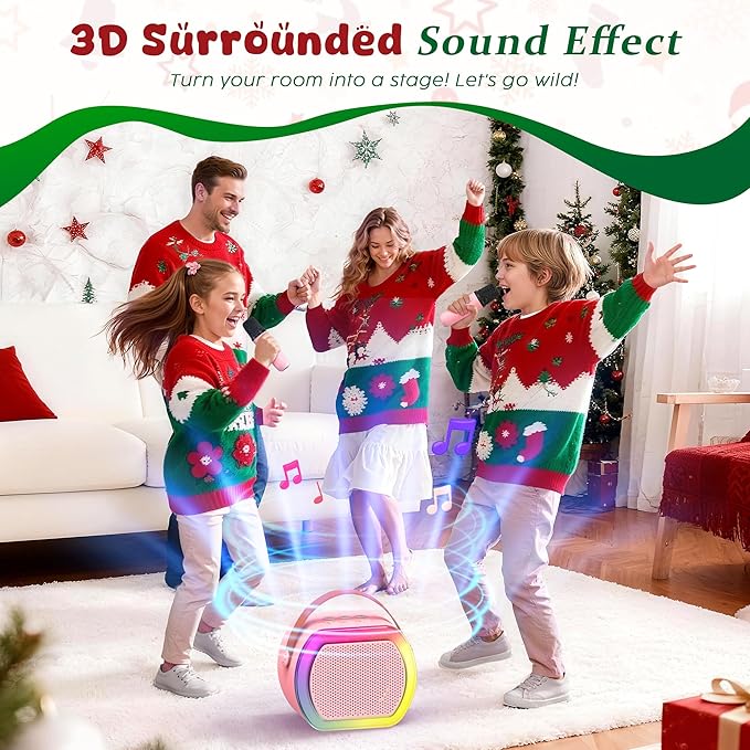 Mini Karaoke Machine with 2 Wireless Microphones, Kids Portable Karaoke Machine for 3, 4, 5, 6, 7, 8, 9, 10, 11, 12+ Year Old, Best Birthday Christmas Toy Gift-Stocking Stuffers for Girls