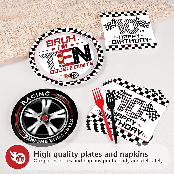 Grencian 96Pcs Race Car 10th Birthday Party Supplies Bruh I’m Ten Plates and Napkins Racing Car Double Digits Tableware for 10 year old Boys Racing Car Birthday Party Decorations Serve 24