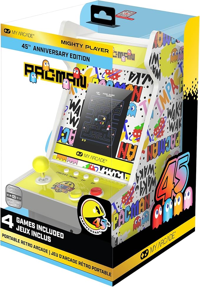 My Arcade Pac-Man 45th Anniversary Mighty Player: Pac-Man 45th Anniversary Console, Retro Games, Countertop Arcades, Illuminated Marquee, 4 Games in 1,Rechargeable Battery