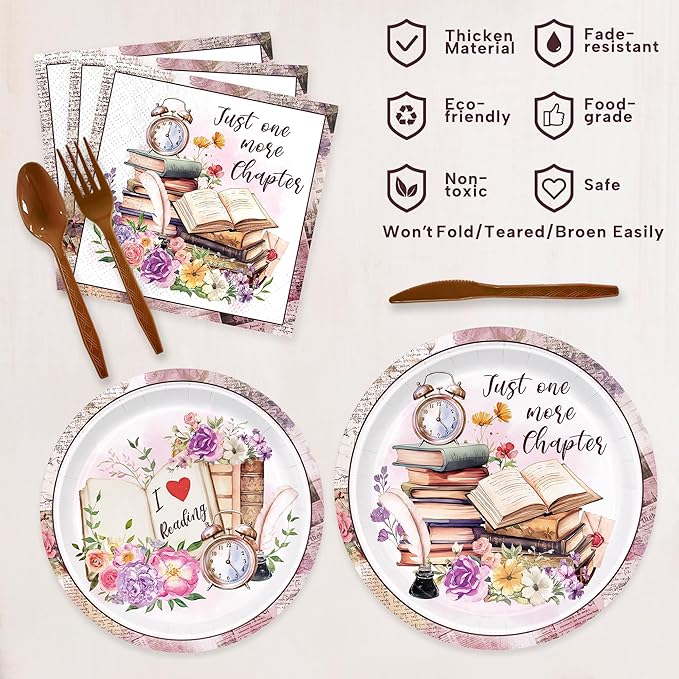 168pcs Book Themed Party Decorations Book Paper Plates Napkins Cups Book Disposable Tableware Set for Kids Book Club Library Reading Party Supplies Serves 24