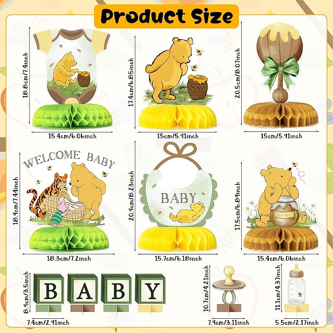 Cute Winnie Honeycomb Centerpieces - 12PCS Cute Winnie Baby Shower Party Honeycomb Centerpieces Welcome Baby Party Table Decorations Bear Theme Babies Shower Table Topper for Boys Girls