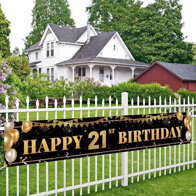 Large Happy 21st Birthday Decoration Banner, Black and Gold Birthday Banner Sign, 21st Party Decorations Supplies (9.8x1.6ft)