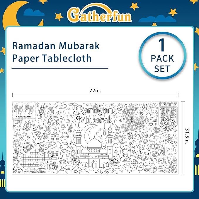 Gatherfun Ramadan Activity Poster & Home Decor - 31.5 x 72 Coloring Banner/Table Cover for Eid Mubarak Decoration, for School Parties & Ramadan Decoration