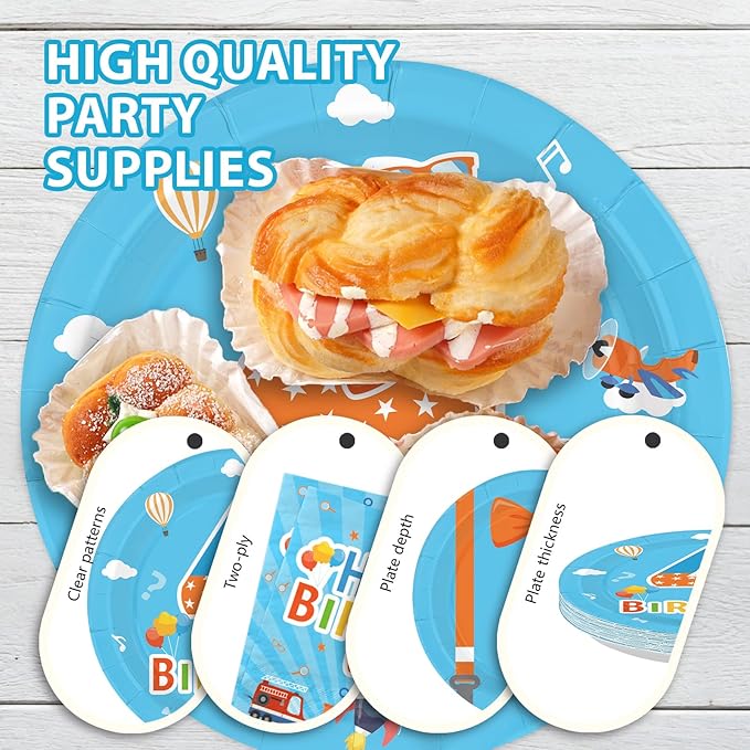 96Pcs Cartoon Teacher Theme Party Supplies Happy 4th Birthday Plates and Napkins Orange Blue Theme Tableware Set for 4th Boys Teenagers Cartoon Birthday Party Decorations Serves 24