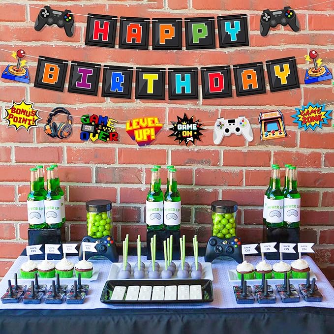 Pre-Strung Video Game Birthday Decorations, NO DIY Gaming Happy Birthday Banner, Game Signs Gamer Themed Party Supplies