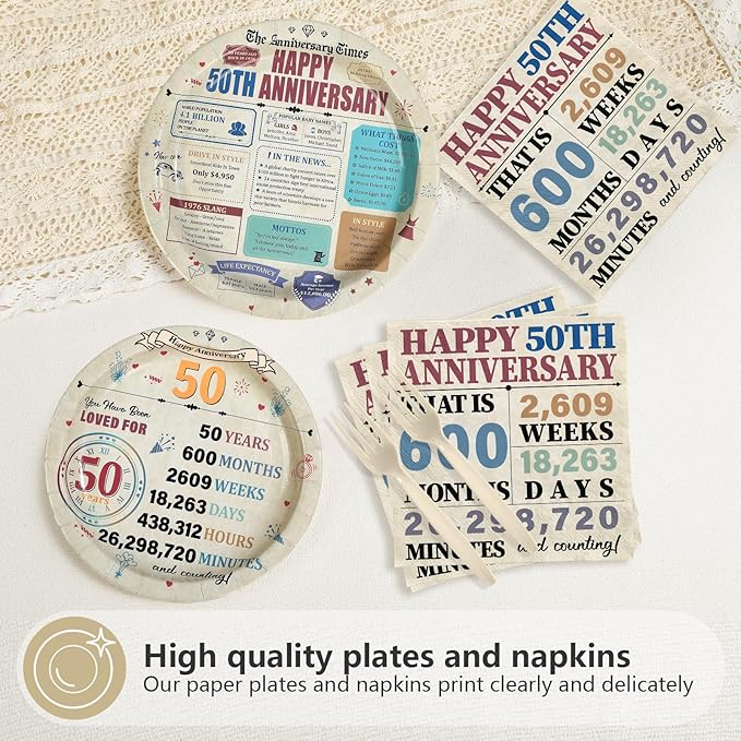 96Pcs 50th Anniversary Party Decorations Retro 50 Years Wedding Aday Plates and Napkins Golden 50th Anniversary Disposable Tableware Set for Vintage 50 Year Wedding Party Supplies Serves 24