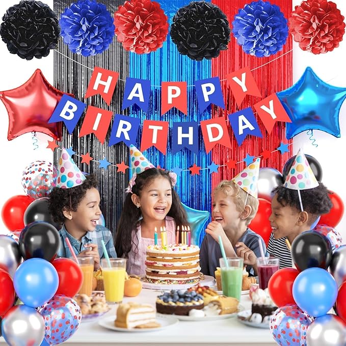 Black Red Blue Birthday Decoration,Red Blue Party Decorations Include Red Blue Black Balloons Happy Birthday Banner Fringe Curtain Tissue Paper Pompoms Garland