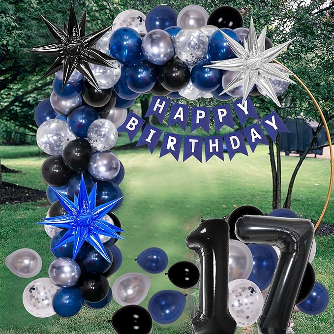 17th Birthday Decorations for Boys and Girls Dark Blue, 17 Birthday Decorations with HAPPY BIRTHDAY Banner 17 Balloon Number Tablecloth Foil Star Balloons Garland Arch Kit-17 Year Old Party Supplies