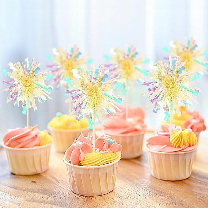 30 PCS Foil Firework Cupcake Toppers Sparkle Tinsel Cupcake Picks Happy Birthday Cake Decorations Drink Stirrers Cocktail Food Fruit Toothpicks for Baby Shower Graduation Party Supplies Yellow