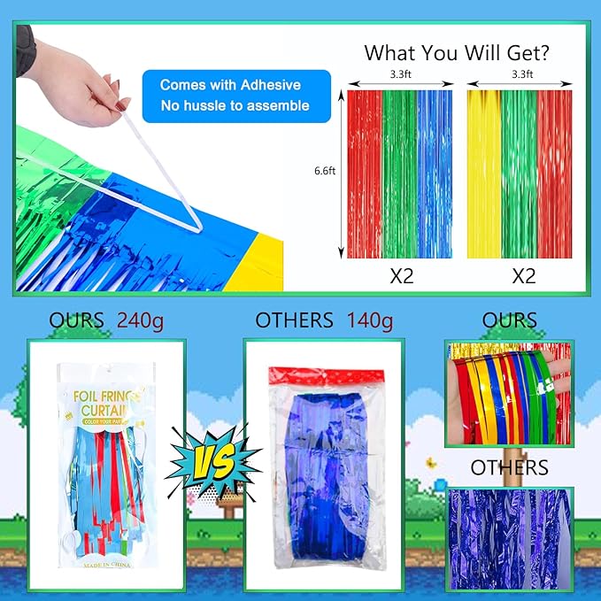 Super Bros Birthday Party Decoration, 4 Pack Red Green Blue Yellow 3.3 x 6.6ft Foil Fringe Curtains Tinsel Photo Booth Props Streamers Backdrop for Video Game Mario Theme Birthday Party Supplies