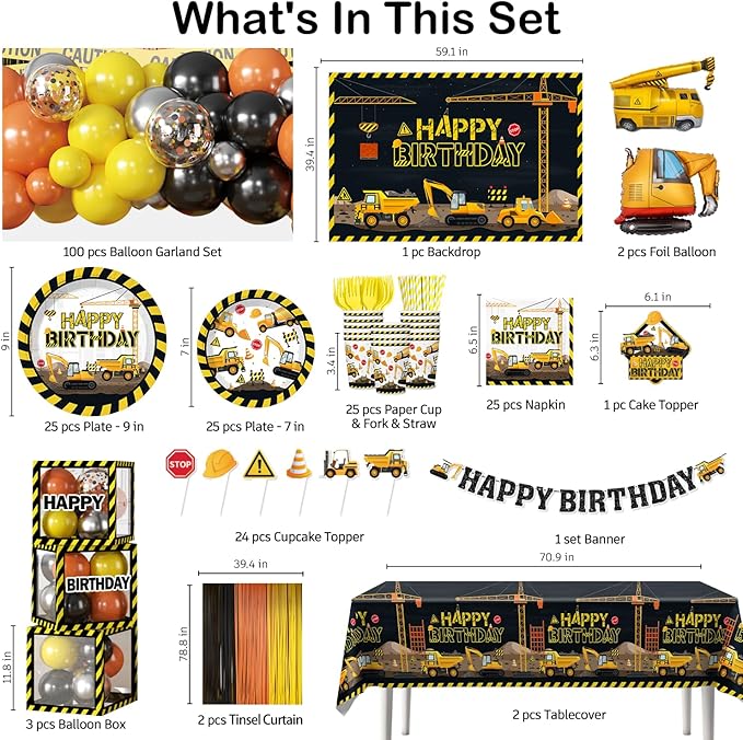 287Pcs Construction Birthday Party Supplies, 25 Construction Theme Tableware, All-in-1 Pack Includes Backdrop Tablecloth Balloon Boxes Balloon Kit for Construction Birthday Decorations