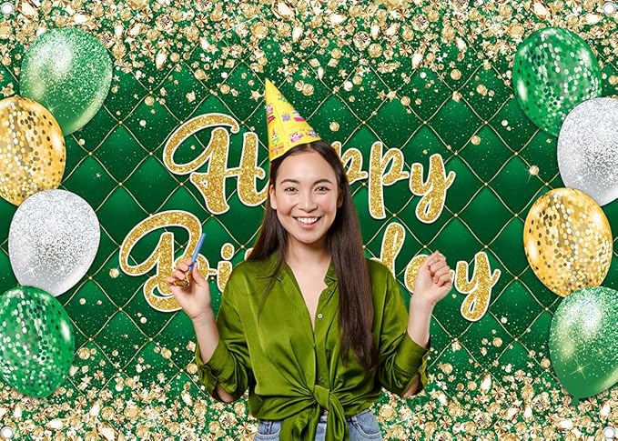 Green Gold Birthday Banner Backdrop Gold and Green Glitter Happy Birthday Photography Background Men Women Kids Party Decoration Photo Supplies (Green, 82x59inch (7x5FT))