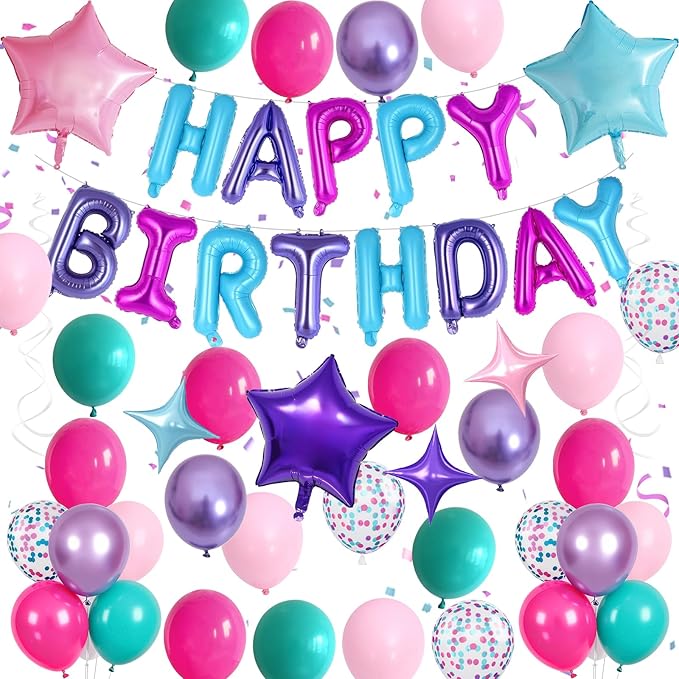 Pink Purple Blue Birthday Decorations Hot Light Pink Metallic Purple Teal Confetti Balloon Happy Birthday Banner Heart Foil Balloons 18/10 Inch Star Balloons for Girls Boys Bday Mermaid Party