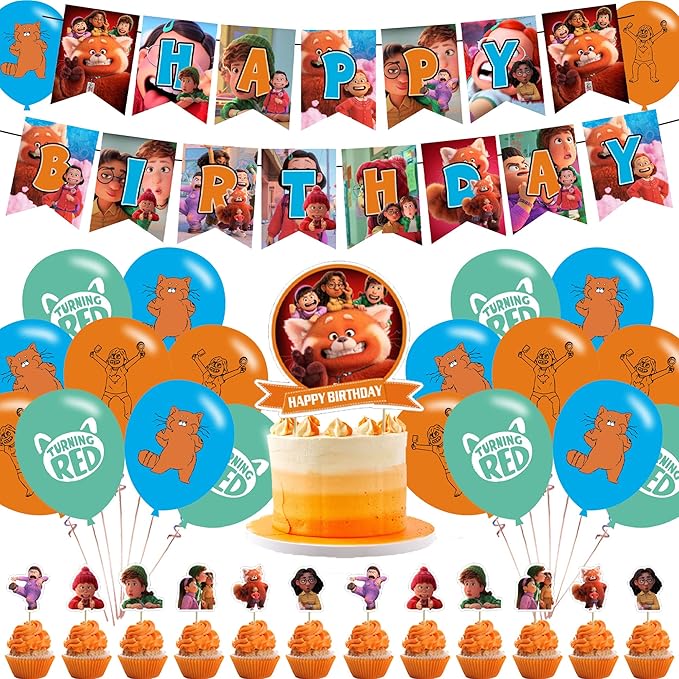 Red Panda Party Decorations,Red Panda Birthday Party Supplies Includes Banner- Cake Topper - 24 Cupcake Toppers - 18 Balloons