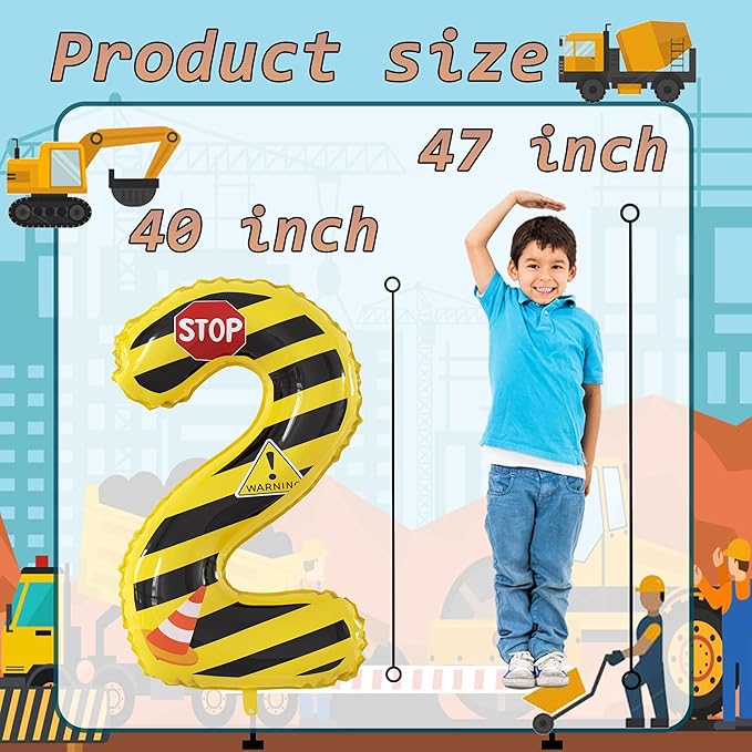 40 Inch Giant Construction Theme Number Balloons - Large Number 2 Balloons Yellow and Black Striped for Kids' Construction Birthday Anniversary Party Decorations Supplies Number 2-4 Balloon