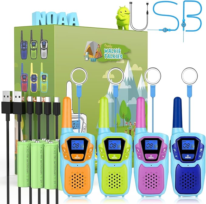 Walkie Talkies for Kids Rechargeable 4 Pack Walkie-Talkies Long Range NOAA FRS 2 Way Radio for Adults Camping Skiing Cruise, Family Adventure Toys for 3-12 Year Old Boys Girls Toddlers