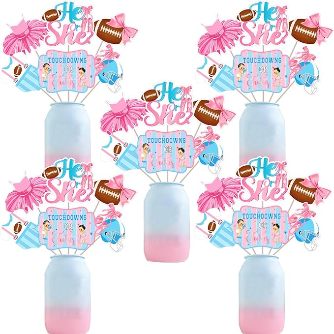 24pcs Touchdowns or Tutus Gender Reveal Centerpieces Stick Touchdowns or Tutus Gender Reveal Party Supplies Pink and Blue Touchdowns or Tutus Table Toppers Table Centerpiece for Boy or Girl