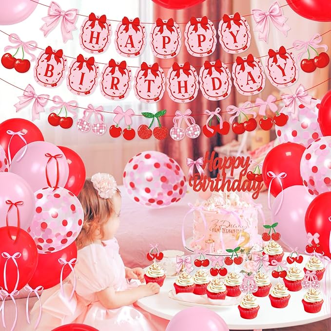 K KUMEED Cherry Birthday Decorations,Cute Happy Birthday Cherry and Bow Banner,Summer Fruit Cherries Party Supplies Cake Topper Latex Balloons for Birthday Party Decorations