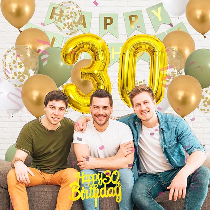 30th Birthday Decorations for Men Women, sage green Happy Birthday Party Decorations With gold Number 30 Balloons Gold Confetti Balloons Fringe Curtain Cake Topper For 30th Party Supplies