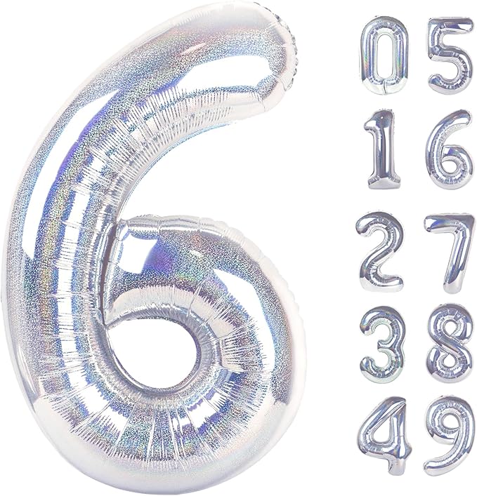 Laser Silver 6 Balloon, Number Balloons 40 Inch, 6th Balloons for Birthday Decorations, Laser Silver Party Supplies 6 Birthday Balloon, Number 6 Balloon