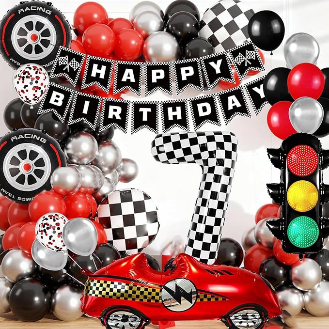 Race Car Birthday Party Decorations, with 40 Inch Number 7 Balloon, Happy Birthday Banner, Traffic Light and Foil Tire Balloon for 7th Car Themed Birthday Party Supplies
