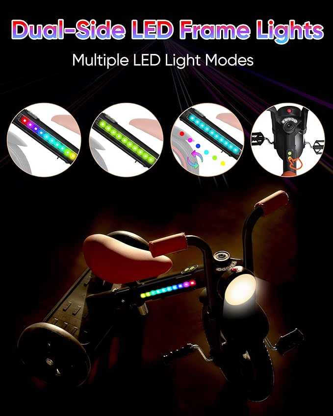 KRIDDO Kids Tricycle, 12 Inch Puncture Free Wheel w Front Light, Adjustable Seat Height, Gift for 2-5 Year Olds, BlackLED