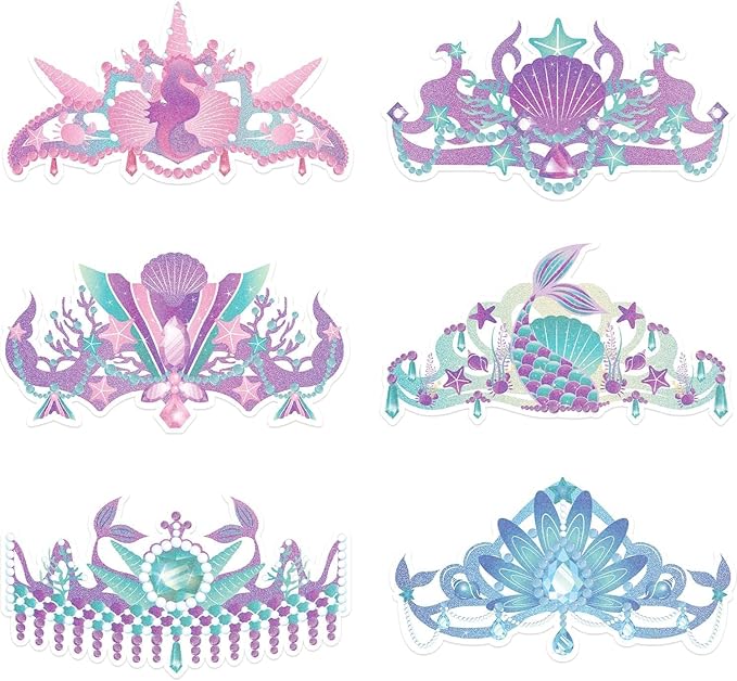WERNNSAI Mermaid Party Crowns - 12 PCS Mermaid Birthday Party Decoration Glitter Paper Princess Crowns Mermaid Party Hats for Under The Sea Party Favor Supplies