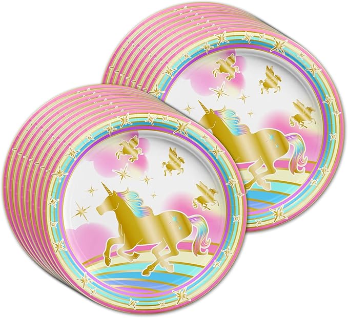 Gold Rainbow Unicorn Pegasus Birthday Party Supplies Set Plates Napkins Cups Tableware Kit for 16