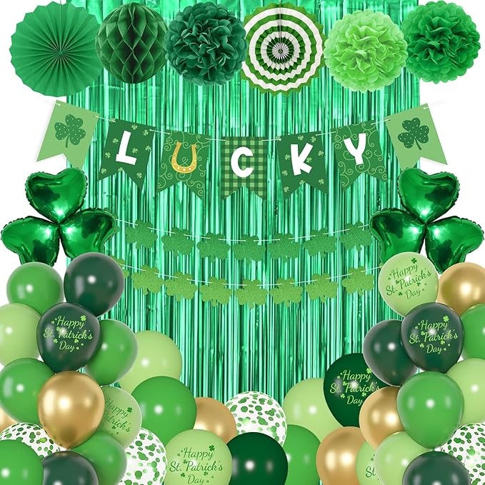 Green Party Decorations, Green Gold Printed Confetti Heart Balloons St Patricks Day Glitter Shamrock Garland Lucky Banners Foil Curtain Paper Fan Pompoms for Home Party Saint Patricks Party Supplies