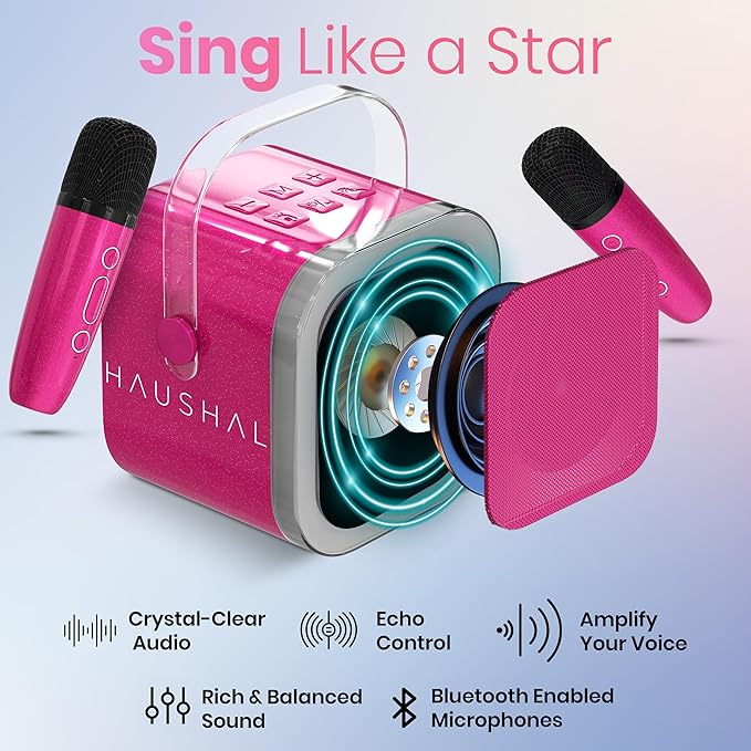 Mini Karaoke Machine for Kids Adults Teen with 2 Wireless Microphones, Gifts for Girl, Toys for Girls 6-8, Small Portable Bluetooth Speaker, Microphone, Car Singing Mic, Kareoke, Toddler Gift