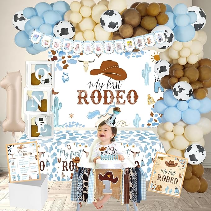 Cowboy 1st Birthday Party Decorations, My First Rodeo Party Supplies, Cowboy 1st Bday Balloon Arch Balloon Box Photo Banner Highchair Banner Crown