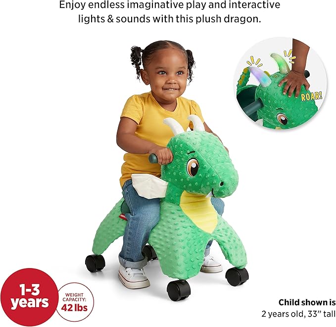Radio Flyer Jade The Magical Touch Dragon Ride On, Ages 1-3, Interactive Lights & Sounds, Horns Light Up Riding, EZ-Glide 360-degree Wheels, Easy Grip Handles, Soft Plush Face, Toddler Ride On Toys