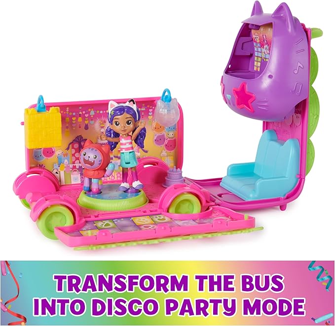 DreamWorks GABBY'S Dollhouse Celebration Party Bus, Transforming Playset with Gabby & DJ Catnip Toy Figures & Dollhouse Accessories, Kids Toys for Ages 3 and Up
