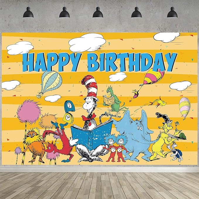 Seuss Cat Birthday Party Decoration,Photo Background 5 x 3 FT, 18 Pcs Balloons,Dr Cat Merch Party Backdrop Supplies