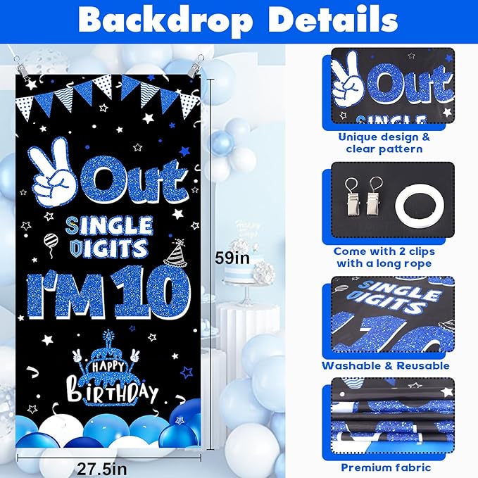 10th Birthday Decorations for Boys Blue, Double Digits Birthday Party Supplies with Out Single Digits I'm 10 Backdrop Balloons Glitter Banner for 10 Year Old Birthday Decoration
