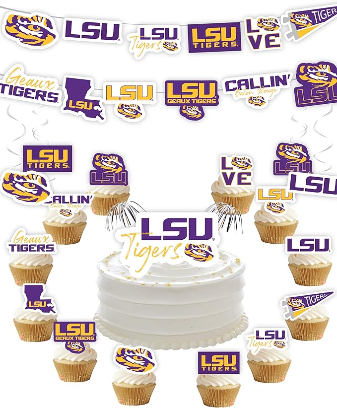 LSU Party Supplies for Football, Birthday Gift, Graduation Party Banner and Cake Toppers (42 Pieces) (LSU Tigers)